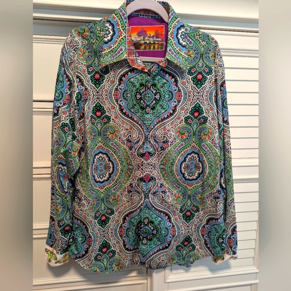 ROBERT GRAHAM mens multi color paisley design long sleeve button down shirt sz L